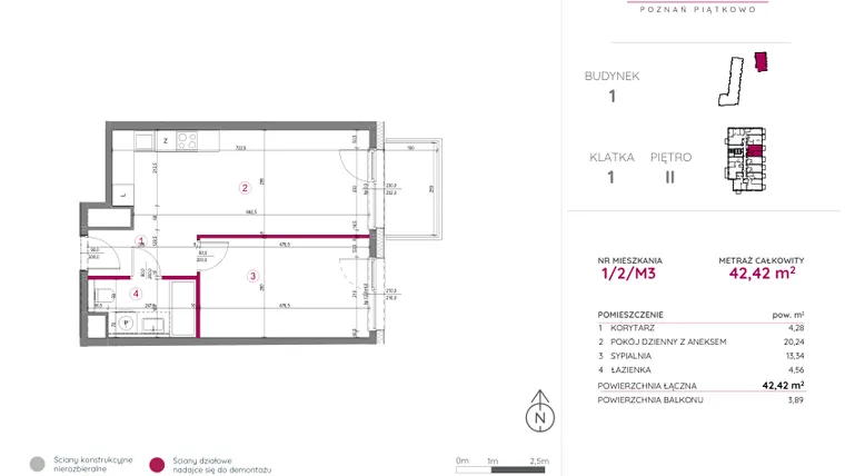 Rzut - Mieszkanie na sprzedaż 2 pokoje o powierzchni 42,42 m² - numer 1/2/M3 w Lechicka 65