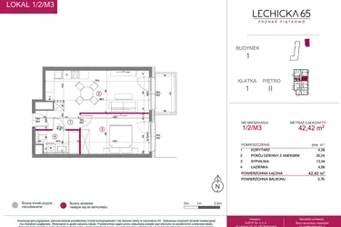 Rzut - Mieszkanie na sprzedaż 2 pokoje o powierzchni 42,42 m² - numer 1/2/M3 w Lechicka 65