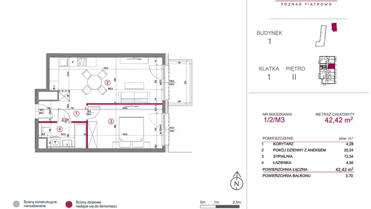 Rzut - Mieszkanie na sprzedaż 2 pokoje o powierzchni 42,42 m² - numer 1/2/M3 w Lechicka 65