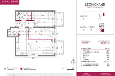 Rzut - Mieszkanie na sprzedaż 3 pokoje o powierzchni 69,63 m² - numer 1/2/M6 w Lechicka 65
