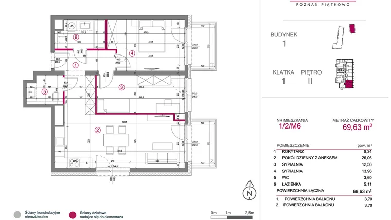 Rzut - Mieszkanie na sprzedaż 3 pokoje o powierzchni 69,63 m² - numer 1/2/M6 w Lechicka 65