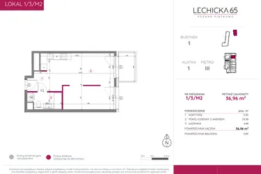 Rzut - Mieszkanie na sprzedaż 1 pokój o powierzchni 36,55 m² - numer 1/3/M2 w Lechicka 65
