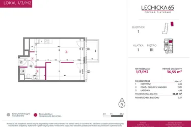 Rzut - Mieszkanie na sprzedaż 1 pokój o powierzchni 36,55 m² - numer 1/3/M2 w Lechicka 65