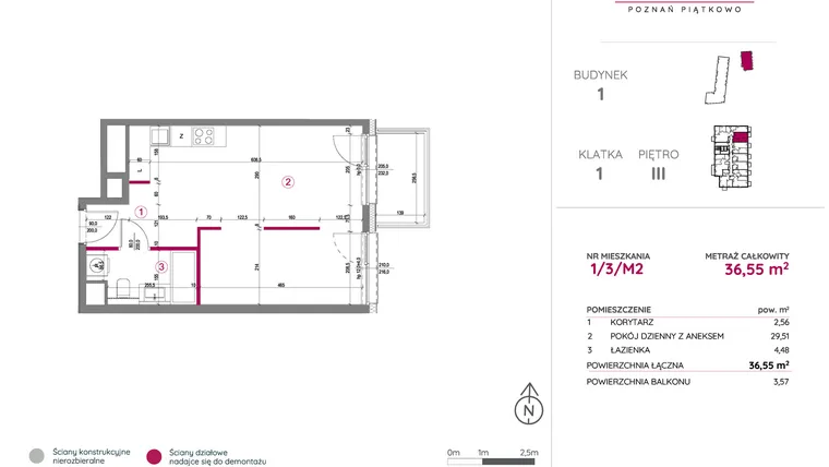 Rzut - Mieszkanie na sprzedaż 1 pokój o powierzchni 36,55 m² - numer 1/3/M2 w Lechicka 65