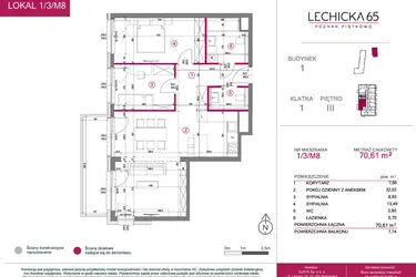 Rzut - Mieszkanie na sprzedaż 3 pokoje o powierzchni 70,61 m² - numer 1/3/M8 w Lechicka 65