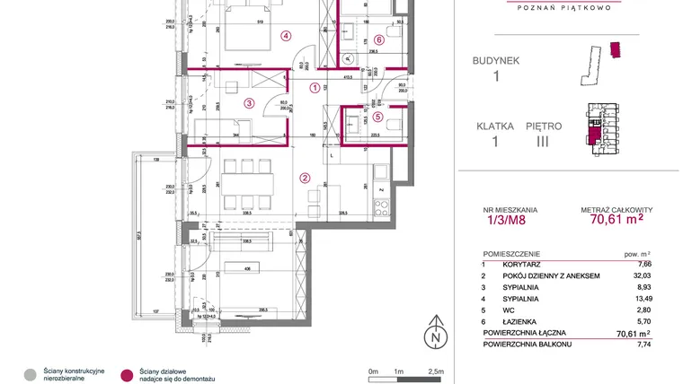 Rzut - Mieszkanie na sprzedaż 3 pokoje o powierzchni 70,61 m² - numer 1/3/M8 w Lechicka 65