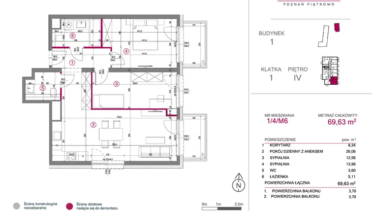 Rzut - Mieszkanie na sprzedaż 3 pokoje o powierzchni 69,63 m² - numer 1/4/M6 w Lechicka 65