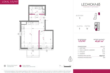 Rzut - Mieszkanie na sprzedaż 2 pokoje o powierzchni 43,67 m² - numer 1/5/M7 w Lechicka 65