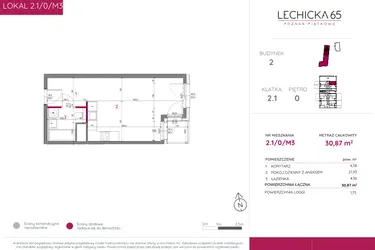 Rzut - Mieszkanie na sprzedaż 1 pokój o powierzchni 30,87 m² - numer 2.1/0/M3 w Lechicka 65