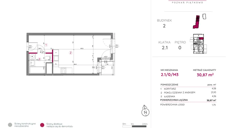 Rzut - Mieszkanie na sprzedaż 1 pokój o powierzchni 30,87 m² - numer 2.1/0/M3 w Lechicka 65