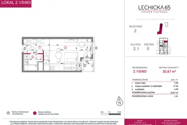 Rzut - Mieszkanie na sprzedaż 1 pokój o powierzchni 30,87 m² - numer 2.1/0/M3 w Lechicka 65