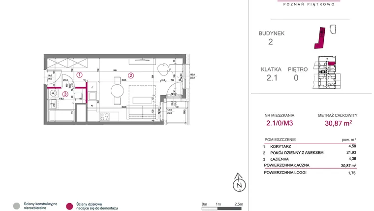 Rzut - Mieszkanie na sprzedaż 1 pokój o powierzchni 30,87 m² - numer 2.1/0/M3 w Lechicka 65