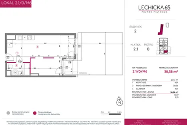 Rzut - Mieszkanie na sprzedaż 2 pokoje o powierzchni 38,38 m² - numer 2.1/0/M6 w Lechicka 65
