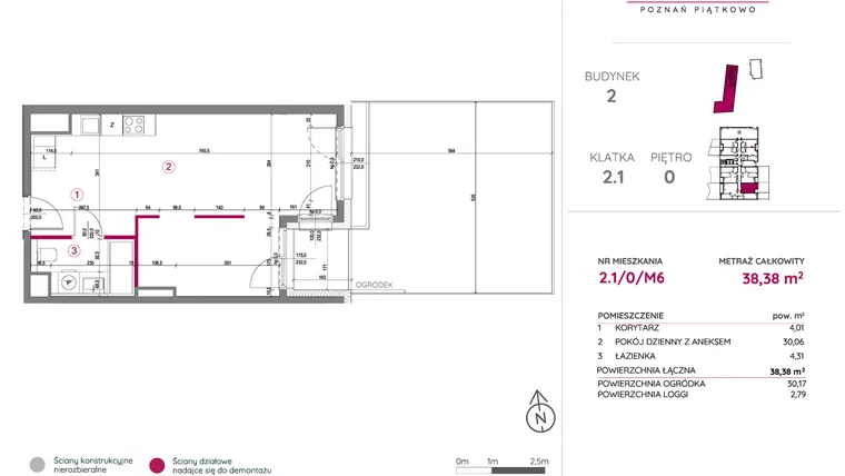 Rzut - Mieszkanie na sprzedaż 2 pokoje o powierzchni 38,38 m² - numer 2.1/0/M6 w Lechicka 65