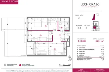 Rzut - Mieszkanie na sprzedaż 3 pokoje o powierzchni 63,91 m² - numer 2.1/0/M8 w Lechicka 65