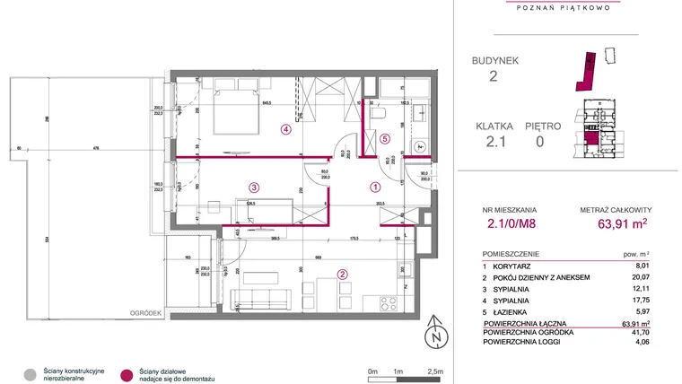 Rzut - Mieszkanie na sprzedaż 3 pokoje o powierzchni 63,91 m² - numer 2.1/0/M8 w Lechicka 65