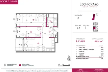 Rzut - Mieszkanie na sprzedaż 3 pokoje o powierzchni 63,91 m² - numer 2.1/1/M11 w Lechicka 65