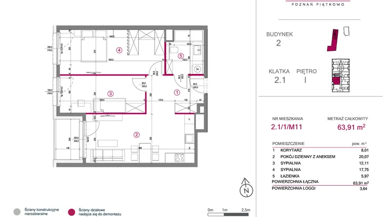 Rzut - Mieszkanie na sprzedaż 3 pokoje o powierzchni 63,91 m² - numer 2.1/1/M11 w Lechicka 65