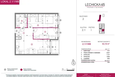Rzut - Mieszkanie na sprzedaż 3 pokoje o powierzchni 63,19 m² - numer 2.1/1/M8 w Lechicka 65