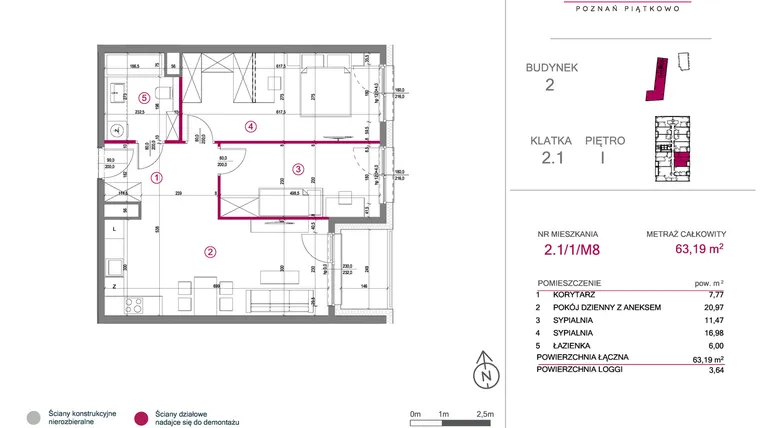 Rzut - Mieszkanie na sprzedaż 3 pokoje o powierzchni 63,19 m² - numer 2.1/1/M8 w Lechicka 65