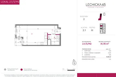 Rzut - Mieszkanie na sprzedaż 1 pokój o powierzchni 31,7 m² - numer 2.1/3/M2 w Lechicka 65