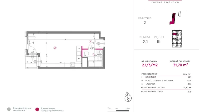 Rzut - Mieszkanie na sprzedaż 1 pokój o powierzchni 31,7 m² - numer 2.1/3/M2 w Lechicka 65