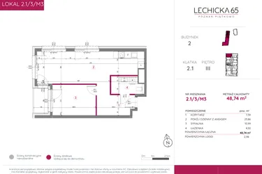 Rzut - Mieszkanie na sprzedaż 2 pokoje o powierzchni 48,74 m² - numer 2.1/3/M3 w Lechicka 65