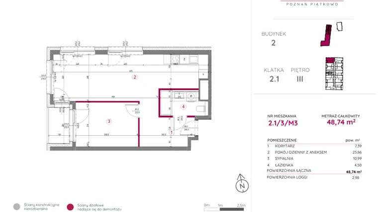 Rzut - Mieszkanie na sprzedaż 2 pokoje o powierzchni 48,74 m² - numer 2.1/3/M3 w Lechicka 65