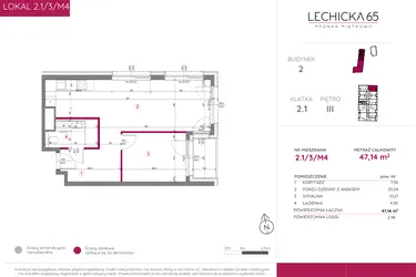 Rzut - Mieszkanie na sprzedaż 2 pokoje o powierzchni 47,14 m² - numer 2.1/3/M4 w Lechicka 65