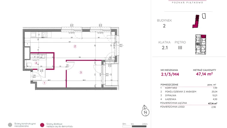 Rzut - Mieszkanie na sprzedaż 2 pokoje o powierzchni 47,14 m² - numer 2.1/3/M4 w Lechicka 65