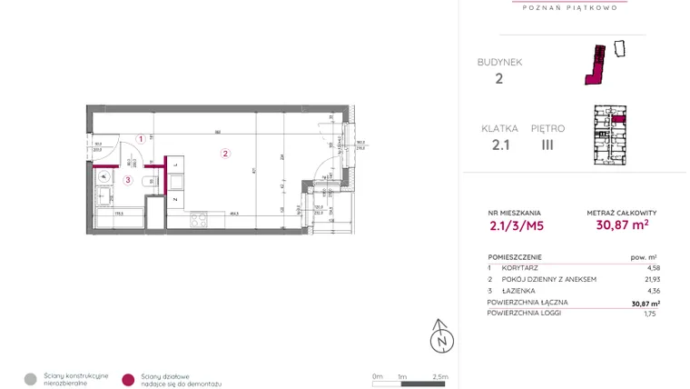 Rzut - Mieszkanie na sprzedaż 1 pokój o powierzchni 30,87 m² - numer 2.1/3/M5 w Lechicka 65