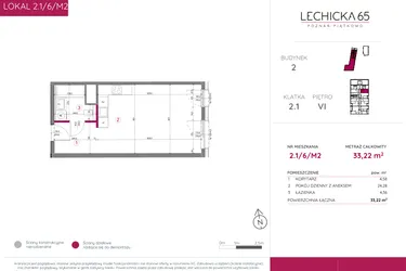 Rzut - Mieszkanie na sprzedaż 1 pokój o powierzchni 33,22 m² - numer 2.1/6/M2 w Lechicka 65
