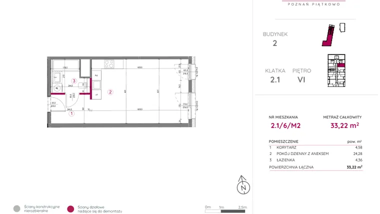 Rzut - Mieszkanie na sprzedaż 1 pokój o powierzchni 33,22 m² - numer 2.1/6/M2 w Lechicka 65