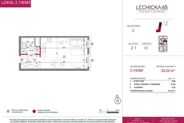 Rzut - Mieszkanie na sprzedaż 1 pokój o powierzchni 33,22 m² - numer 2.1/6/M2 w Lechicka 65