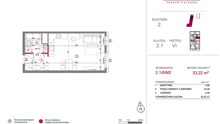 Rzut - Mieszkanie na sprzedaż 1 pokój o powierzchni 33,22 m² - numer 2.1/6/M2 w Lechicka 65