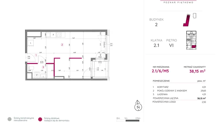 Rzut - Mieszkanie na sprzedaż 2 pokoje o powierzchni 38,15 m² - numer 2.1/6/M5 w Lechicka 65
