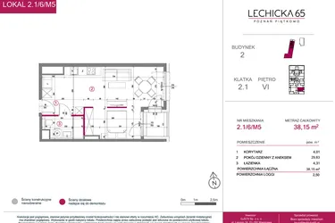 Rzut - Mieszkanie na sprzedaż 2 pokoje o powierzchni 38,15 m² - numer 2.1/6/M5 w Lechicka 65