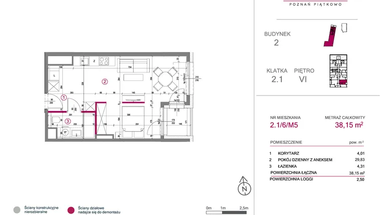 Rzut - Mieszkanie na sprzedaż 2 pokoje o powierzchni 38,15 m² - numer 2.1/6/M5 w Lechicka 65