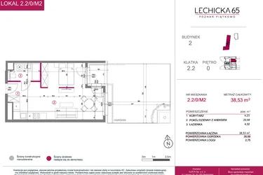 Rzut - Mieszkanie na sprzedaż 2 pokoje o powierzchni 38,53 m² - numer 2.2/0/M2 w Lechicka 65