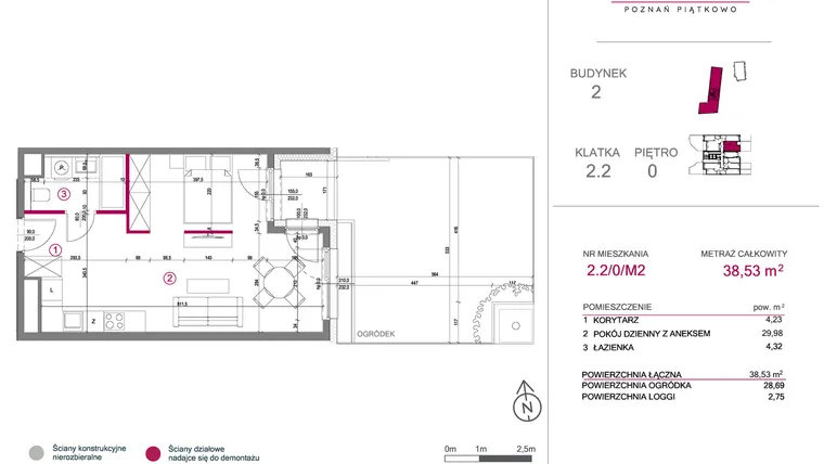 Rzut - Mieszkanie na sprzedaż 2 pokoje o powierzchni 38,53 m² - numer 2.2/0/M2 w Lechicka 65