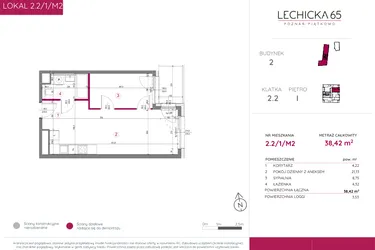 Rzut - Mieszkanie na sprzedaż 2 pokoje o powierzchni 38,53 m² - numer 2.2/1/M2 w Lechicka 65