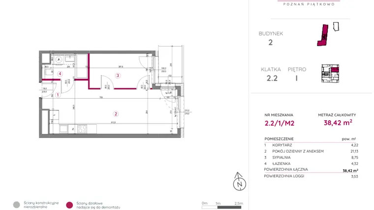 Rzut - Mieszkanie na sprzedaż 2 pokoje o powierzchni 38,53 m² - numer 2.2/1/M2 w Lechicka 65