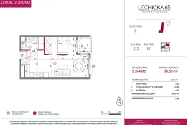Rzut - Mieszkanie na sprzedaż 2 pokoje o powierzchni 38,53 m² - numer 2.2/4/M2 w Lechicka 65