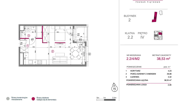 Rzut - Mieszkanie na sprzedaż 2 pokoje o powierzchni 38,53 m² - numer 2.2/4/M2 w Lechicka 65