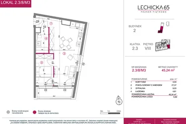 Rzut - Mieszkanie na sprzedaż 2 pokoje o powierzchni 45,24 m² - numer 2.3/8/M3 w Lechicka 65