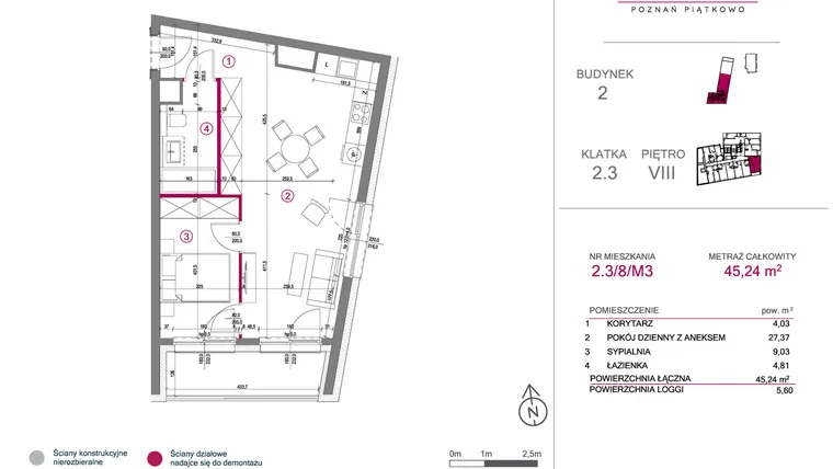 Rzut - Mieszkanie na sprzedaż 2 pokoje o powierzchni 45,24 m² - numer 2.3/8/M3 w Lechicka 65