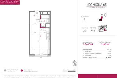 Rzut - Mieszkanie na sprzedaż 1 pokój o powierzchni 31,39 m² - numer 2.3/8/M4 w Lechicka 65