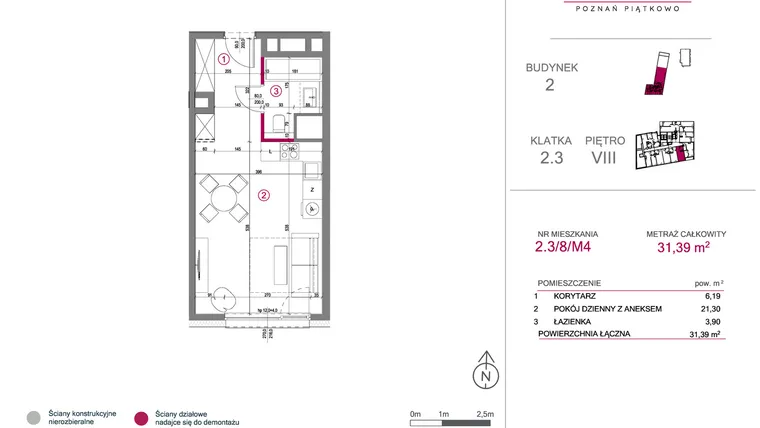 Rzut - Mieszkanie na sprzedaż 1 pokój o powierzchni 31,39 m² - numer 2.3/8/M4 w Lechicka 65