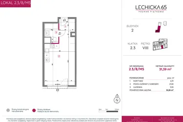 Rzut - Mieszkanie na sprzedaż 1 pokój o powierzchni 31,39 m² - numer 2.3/8/M5 w Lechicka 65