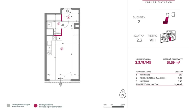 Rzut - Mieszkanie na sprzedaż 1 pokój o powierzchni 31,39 m² - numer 2.3/8/M5 w Lechicka 65
